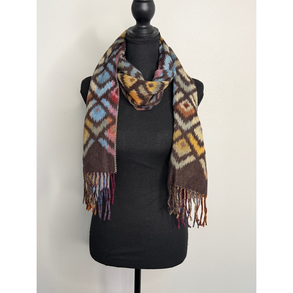 FRAAS Cashmink Scarf Multicolor Geometric Diamond Ikat Fringe Made in Germany
